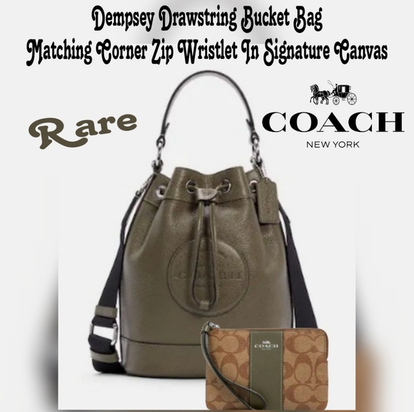 2pc COACH SET Dempsey Drawstring Bucket Bag Corner Zip Wristlet - Picture 1 of 15
